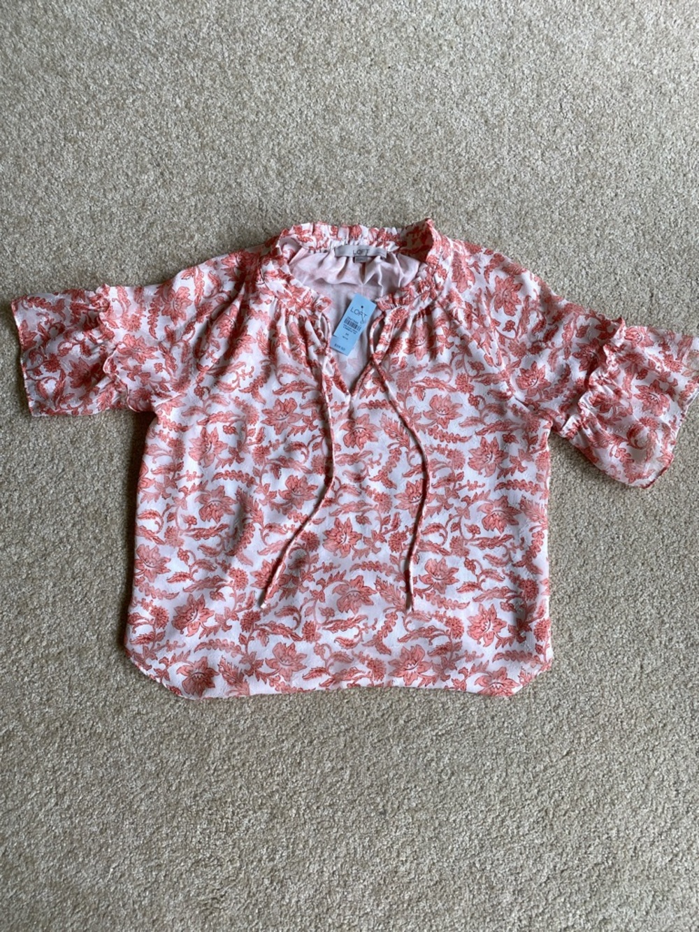 LOFT Pink Floral Tie-Neck Short Sleeve Blouse